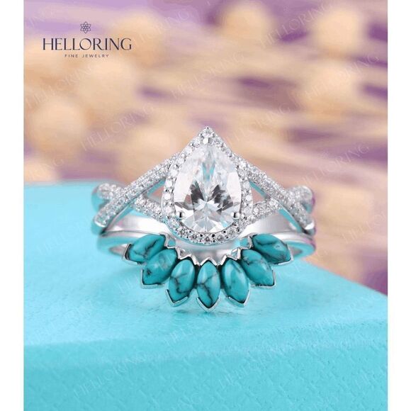 DIAMOND PEAR MOISSANITE TWISTED  WEDDING ENGAGEMENT RING/GUARD - Picture 1 of 5